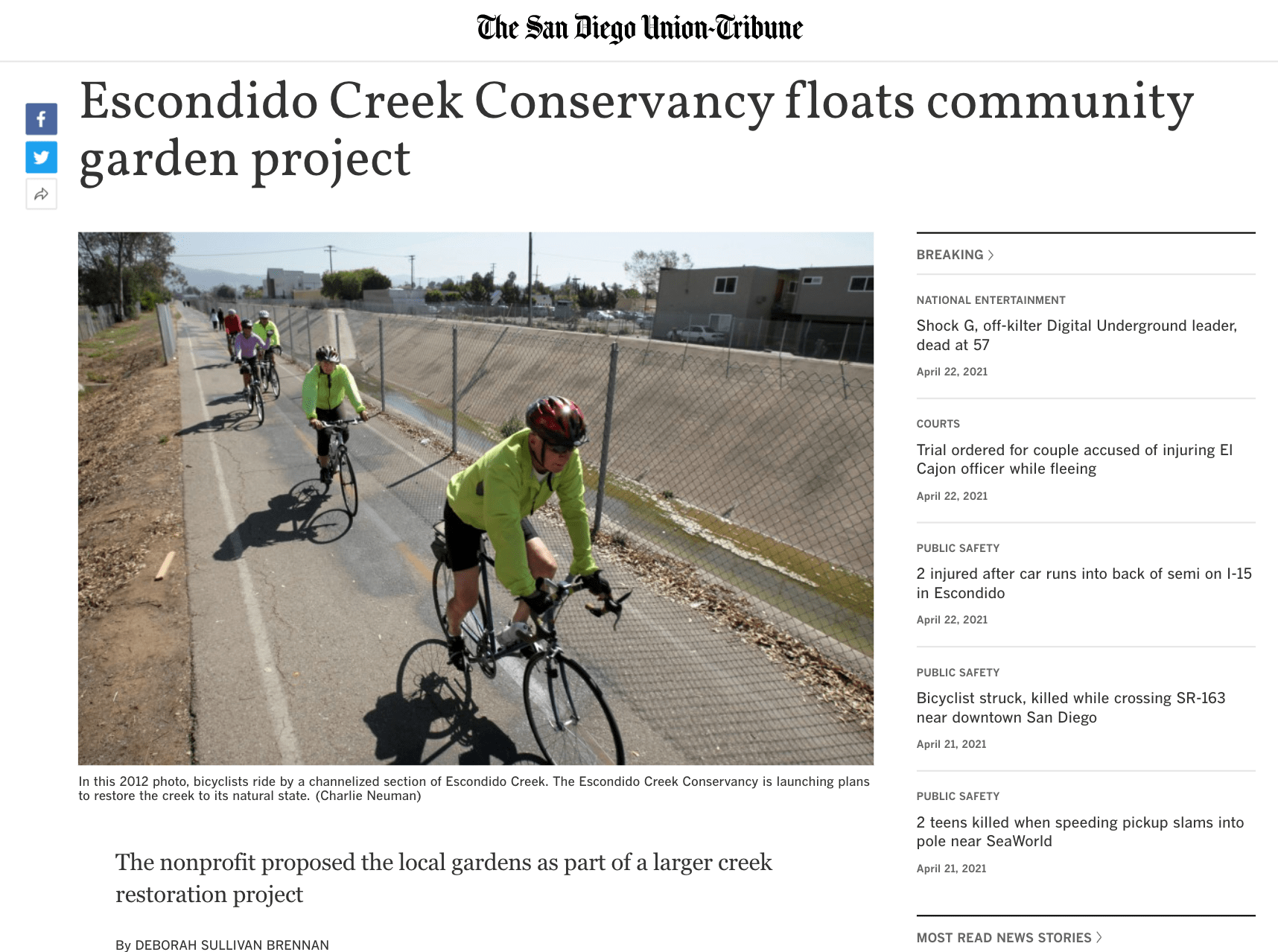 An Image of a news article about proposed public gardens along the Escondido Creek in the San Diego Union Tribune.