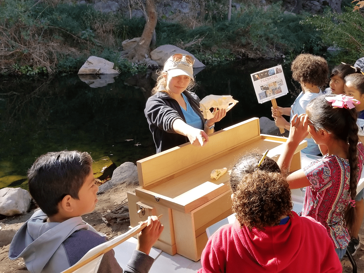 Escondido Creek Conservancy summer camp leader holds an animal skull and leads a group of elementary students in discussion next to a creek.