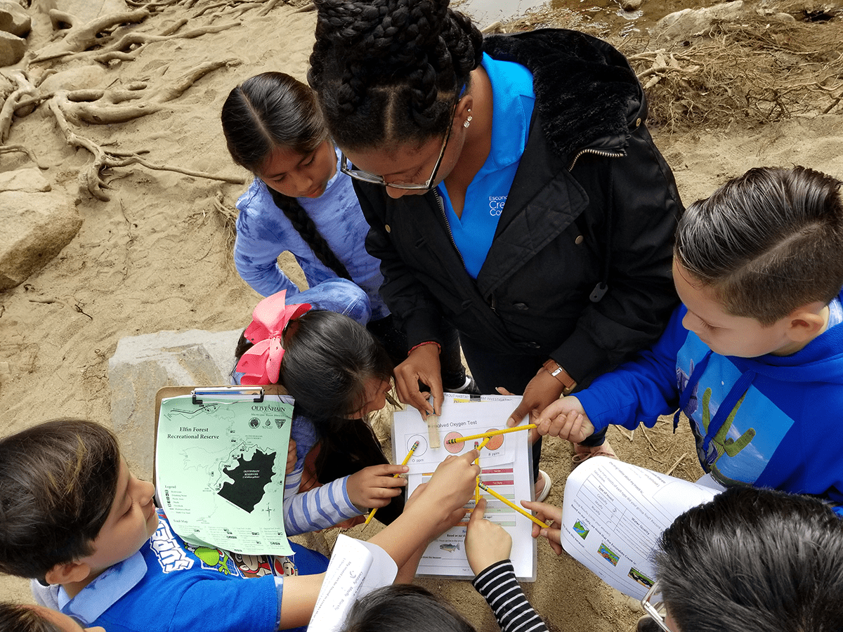 A teacher points out information on a map to a group of elementary students outside near Escondido Creek.