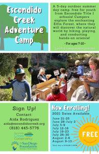 Escondido Creek Adventure Camp Flyer with information about a youth summer camp and images of a youth working on science projects outside near a creek.