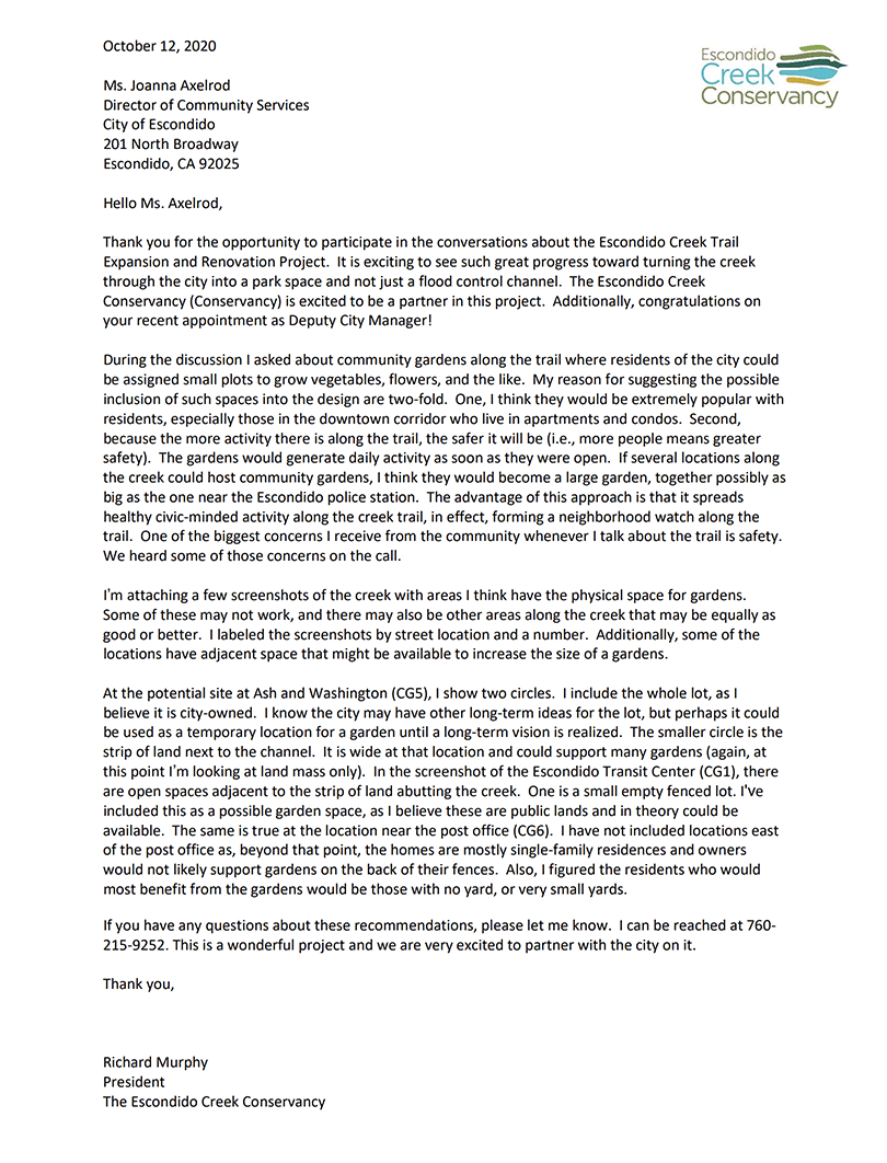 Typed letter from Richard Murphy to City of Escondido
