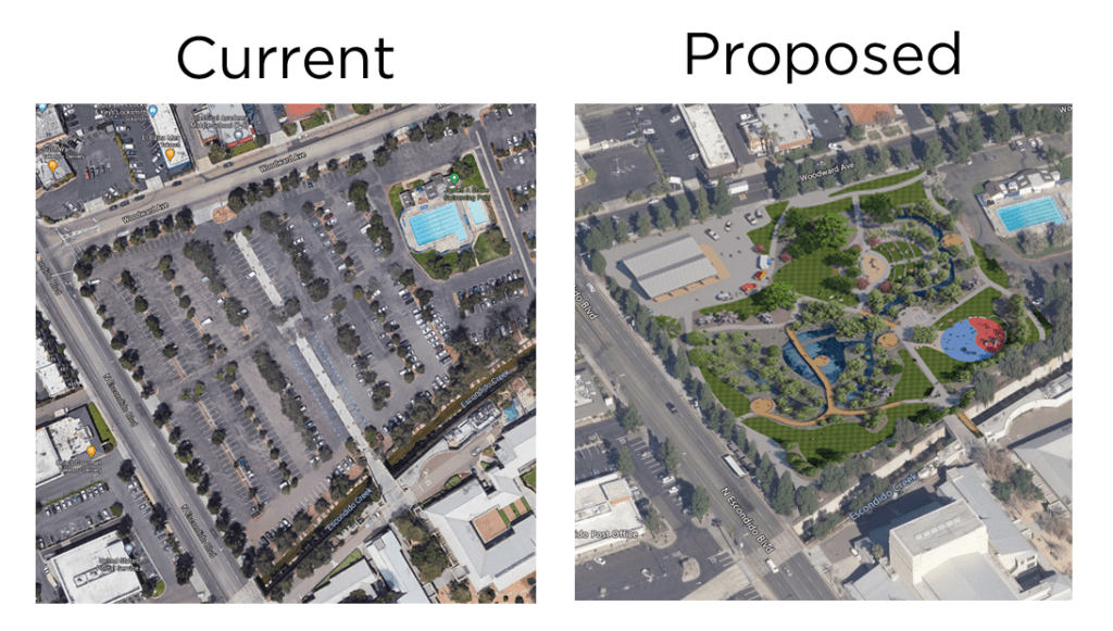 An illustrated over view of a current parking lot on the left, and the proposed park on the right.