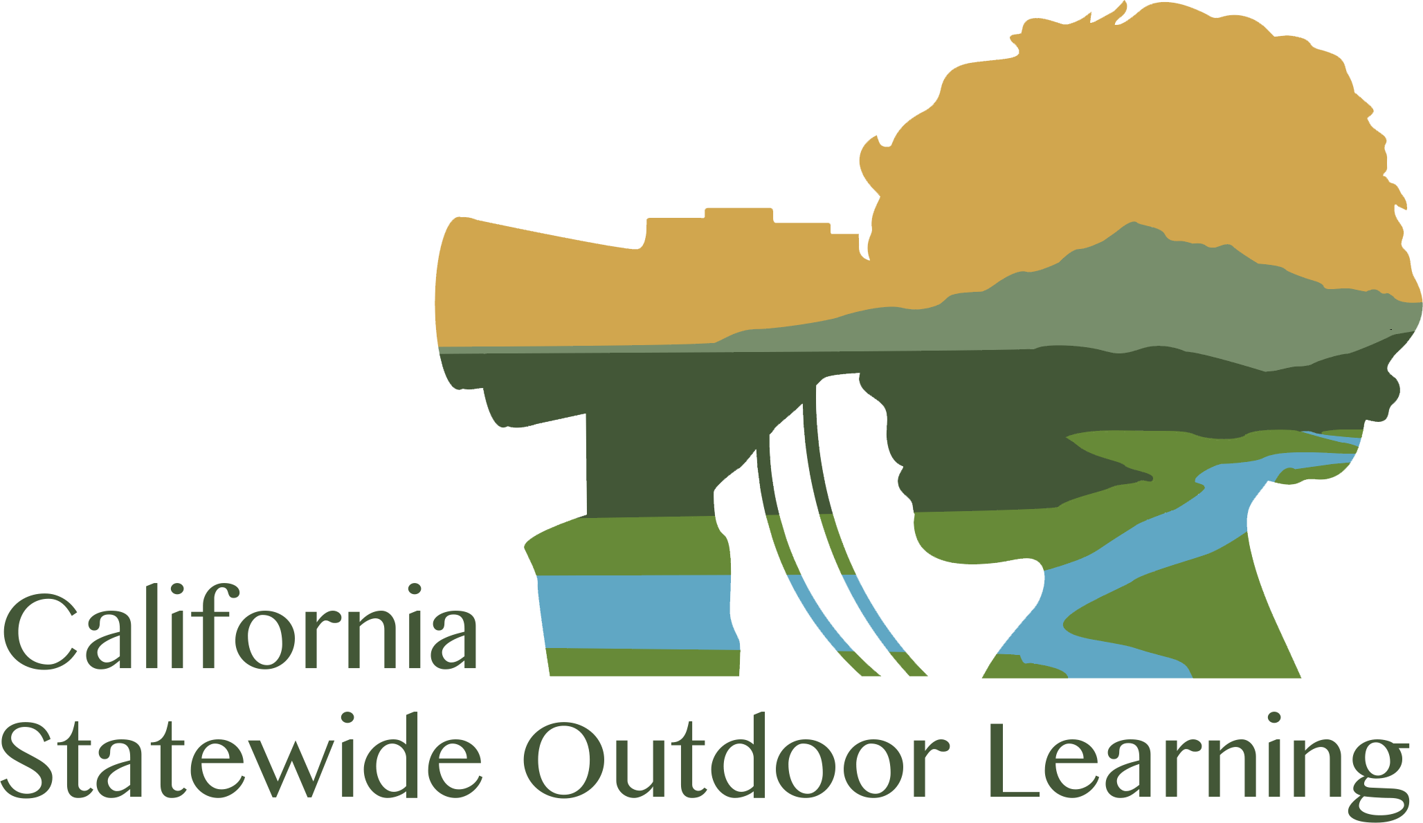 CalSOL or California Statewide Outdoor Learning logo of a silhouette of a young man looking through binoculars from the shoulders up. Inside the silhouette is a graphic of a creek running in front of a mountain.