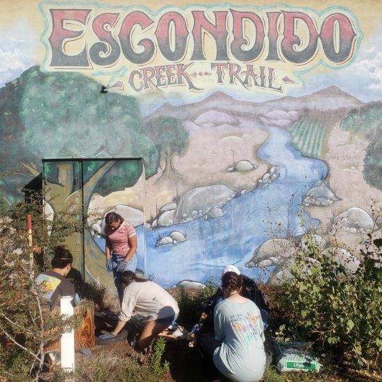 A wide shot of several teens working to replant greenery in front of a mural depicting a creek running down from a mountain range. They are in the bright sun.