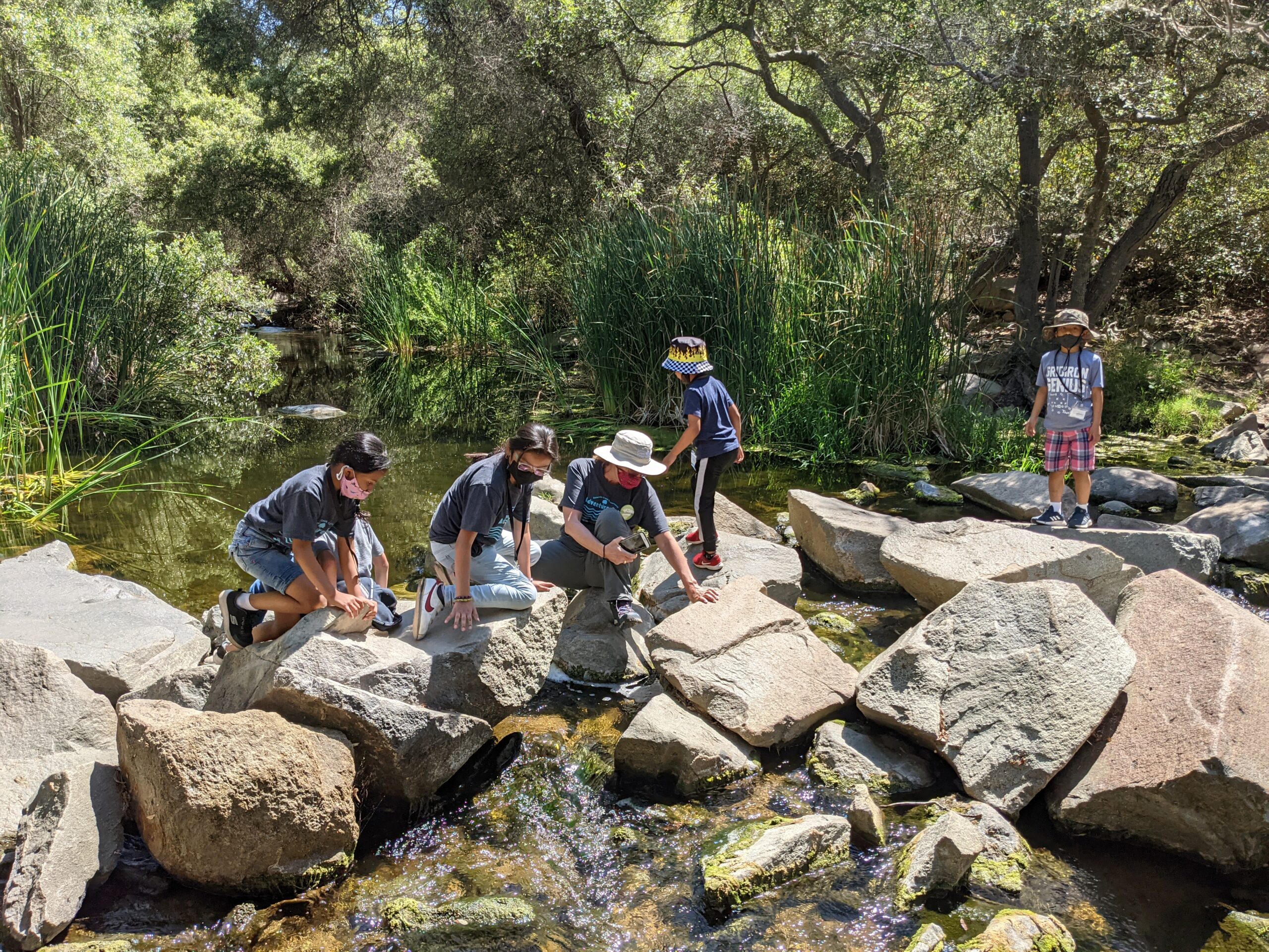 Elementary students climbing on boulders across a stream with trees in the background.